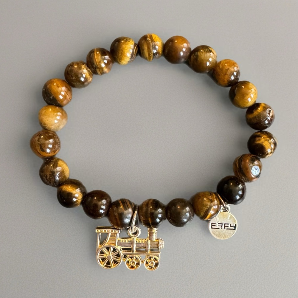 Effy Tigers Eye Stone Beaded Stretch Bracelet Train Charm New in Bag